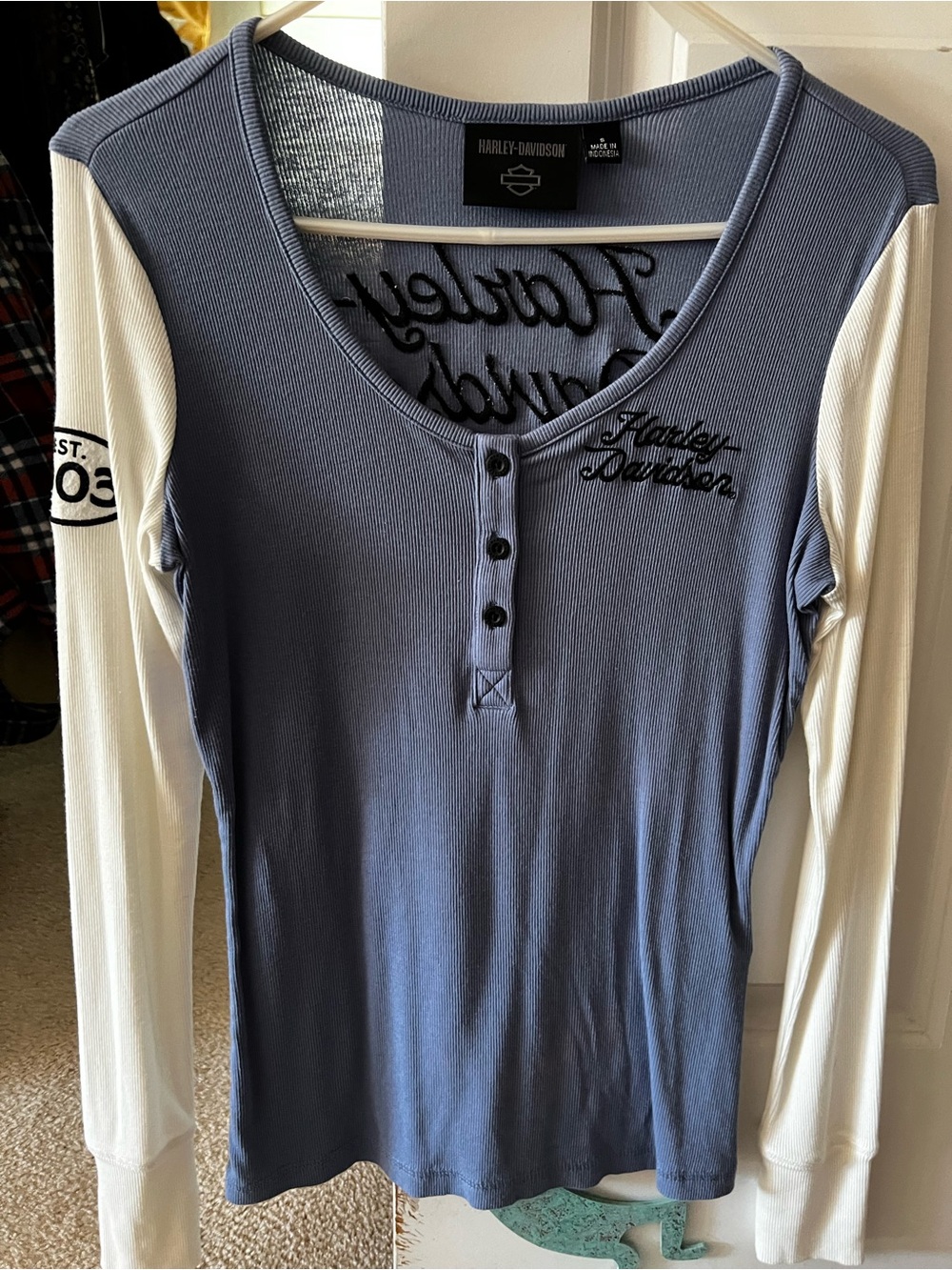 Harley-Davidson Women's Two-Tone Henley Long Sleeve Top - Blue/Cream